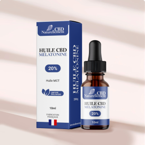 Fiole d’huile sublinguale CBD à la mélatonine 20 % avec son packaging, idéale pour le sommeil et la sérénité