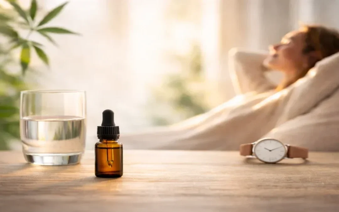Huile de CBD en routine du soir avec verre d’eau, illustration article sur l’anxiété