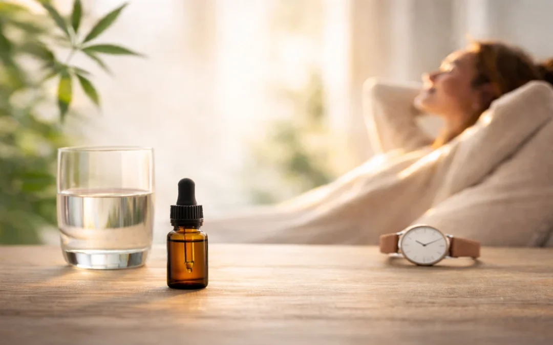 Huile de CBD en routine du soir avec verre d’eau, illustration article sur l’anxiété