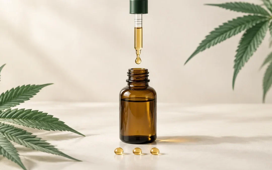 Une fiole d'huile de CBD à pipette avec deux feuilles de chanvre et des graines entreposées sur une table