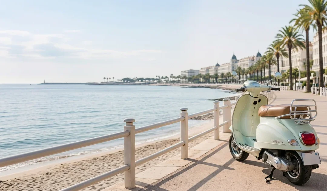 Livreur à scooter livrant du CBD sur la Croisette à Cannes, service de livraison Naturellement CBD