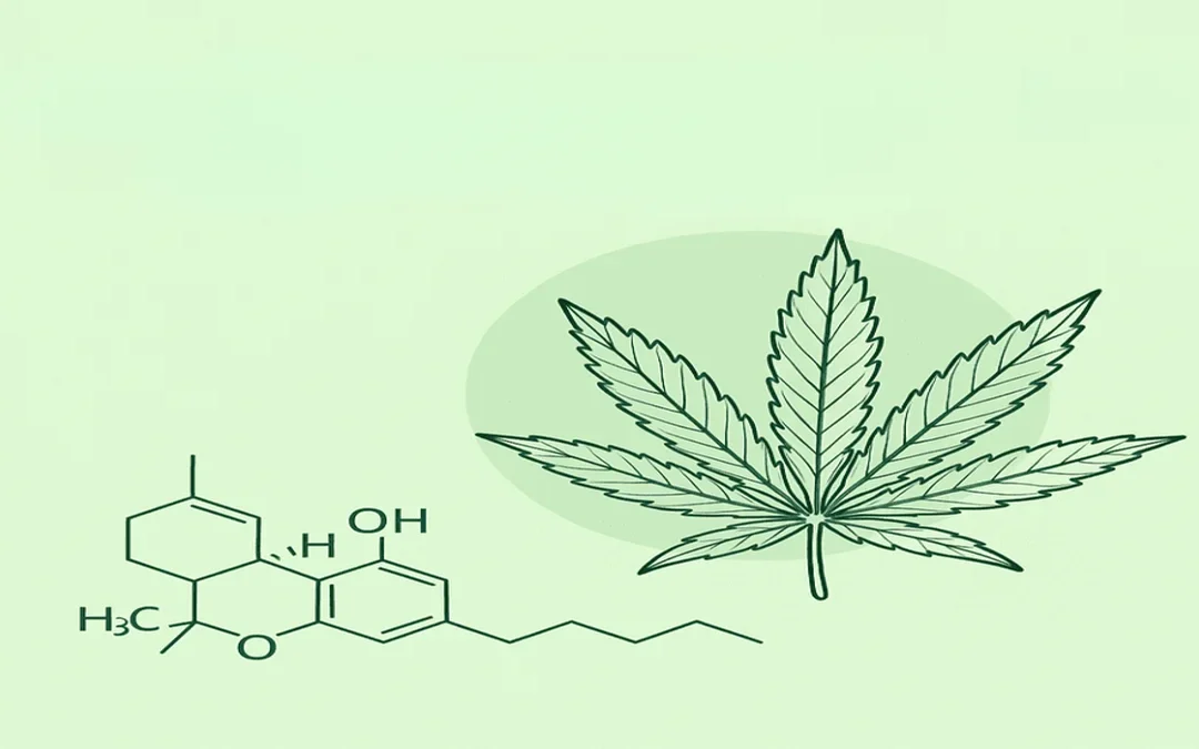 Illustration du CBG (cannabigérol) avec feuille de chanvre et schéma moléculaire sur fond vert clair