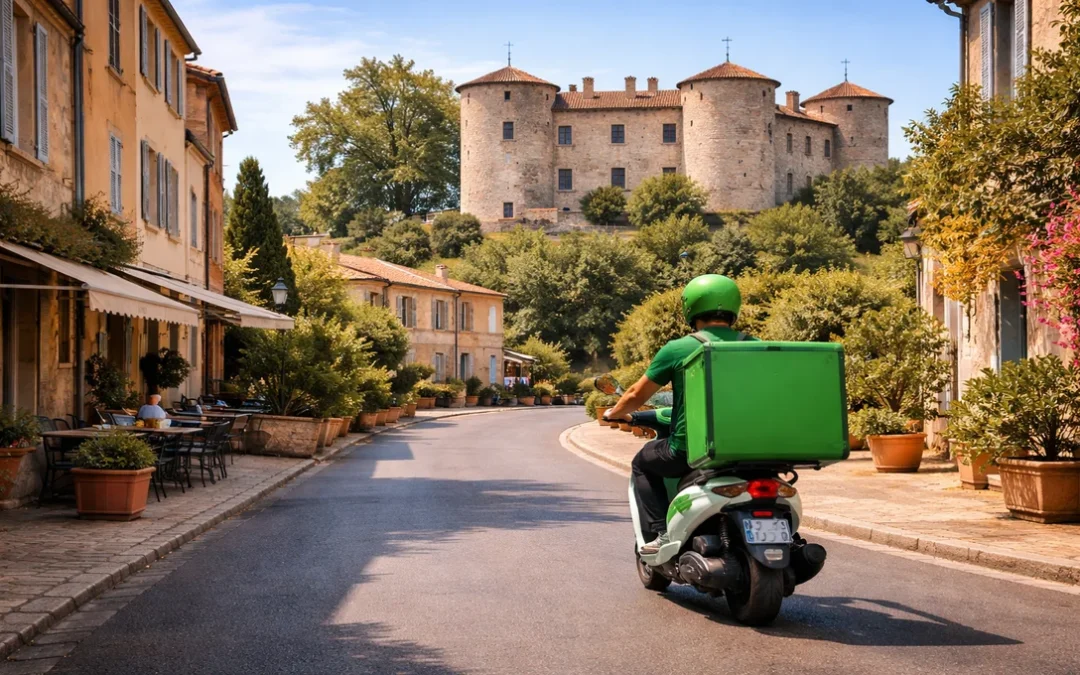 Livreur en scooter effectuant une livraison de CBD sur Mouans-Sartoux à proximité du château.