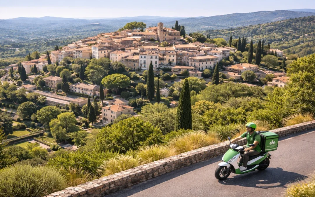 Livreur Naturellement CBD en scooter électrique effectuant une livraison de CBD à Mougins avec vue sur le village