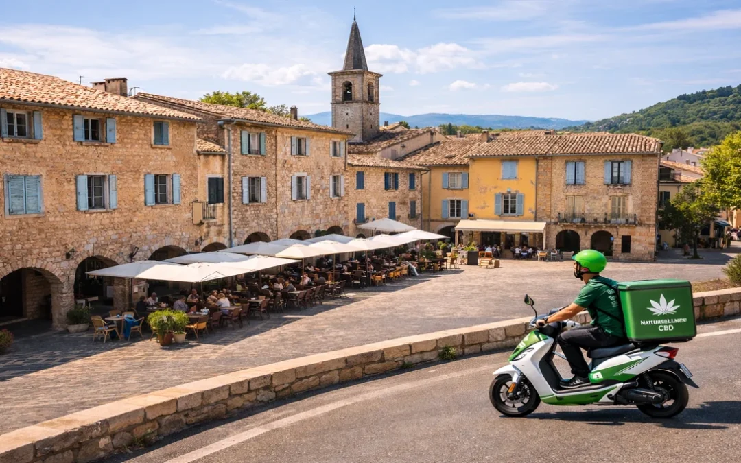 Livreur en scooter effectuant une livraison de CBD à Valbonne devant la place du village
