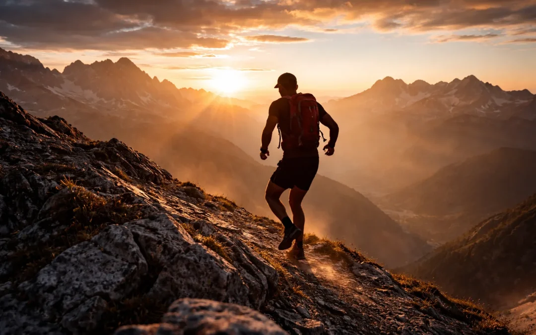 Coureur de trail gravissant un sentier rocheux en montagne au coucher du soleil, lumière dorée sur les Alpes