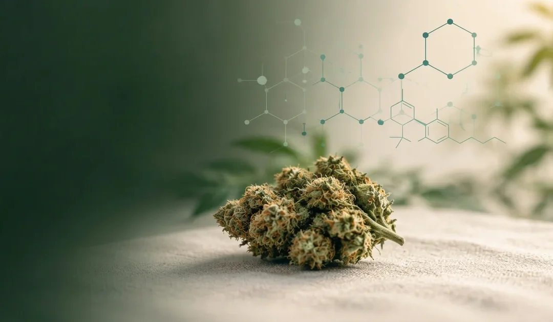 Fleur de chanvre et fioles de laboratoire illustrant le guide des molécules CBD